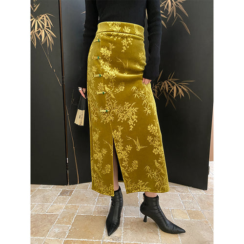 Damen Maxikleid mit floralem Samt-Design und elegantem Schlitz Drune