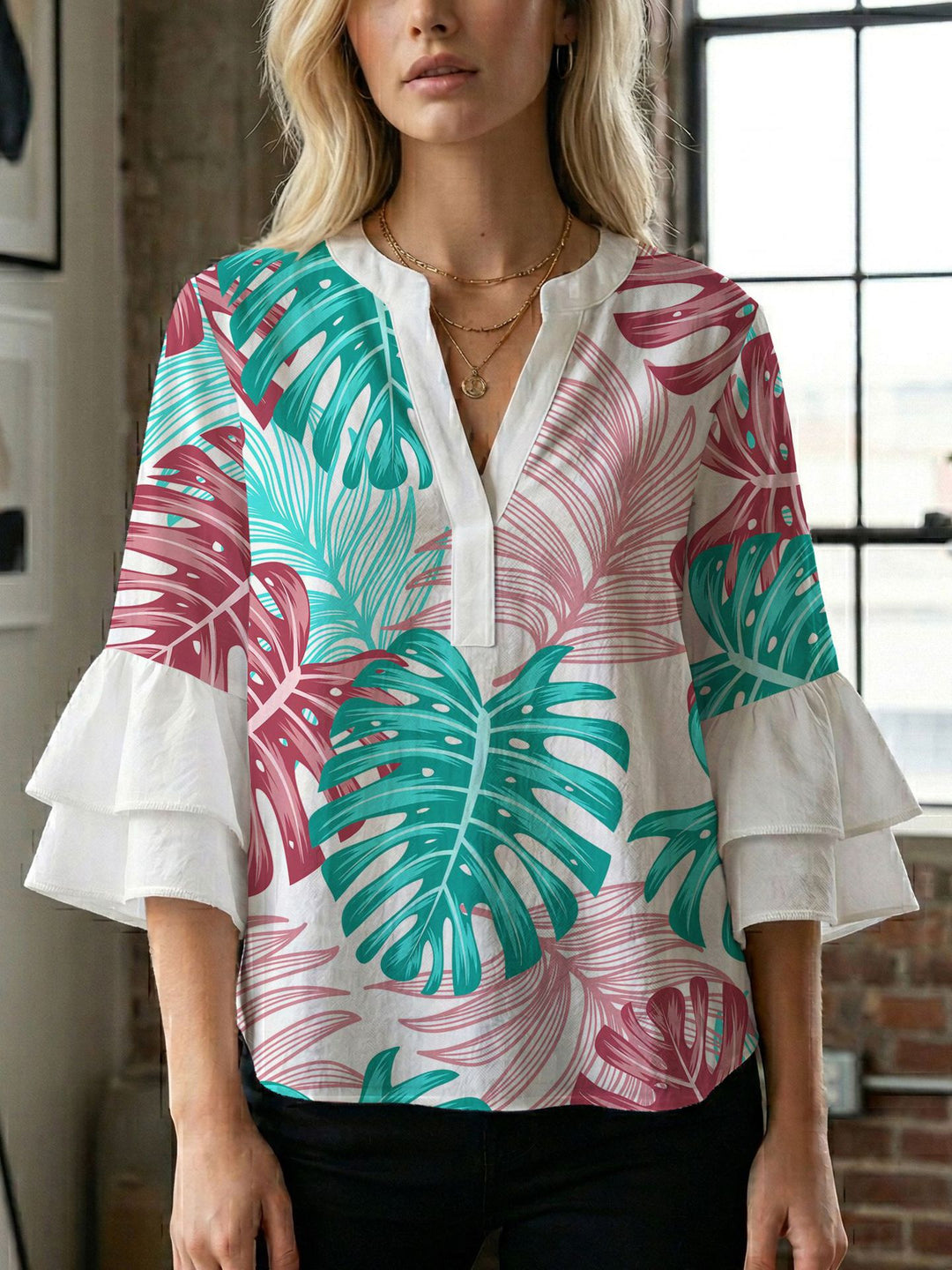 Damen Blusenshirt mit voluminösen Ärmeln und kreativem Druckdesign Drune
