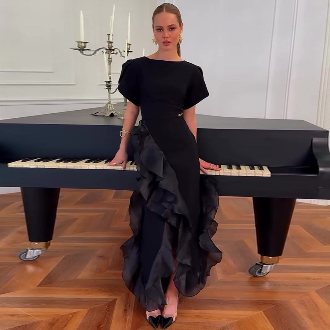Damen elegantes Maxikleid mit fließenden Rüschen und schimmerndem Obermaterial Drune