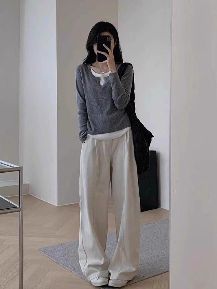 Damen eleganter und bequemer Pullover mit V-Ausschnitt und weiten Hosen Drune