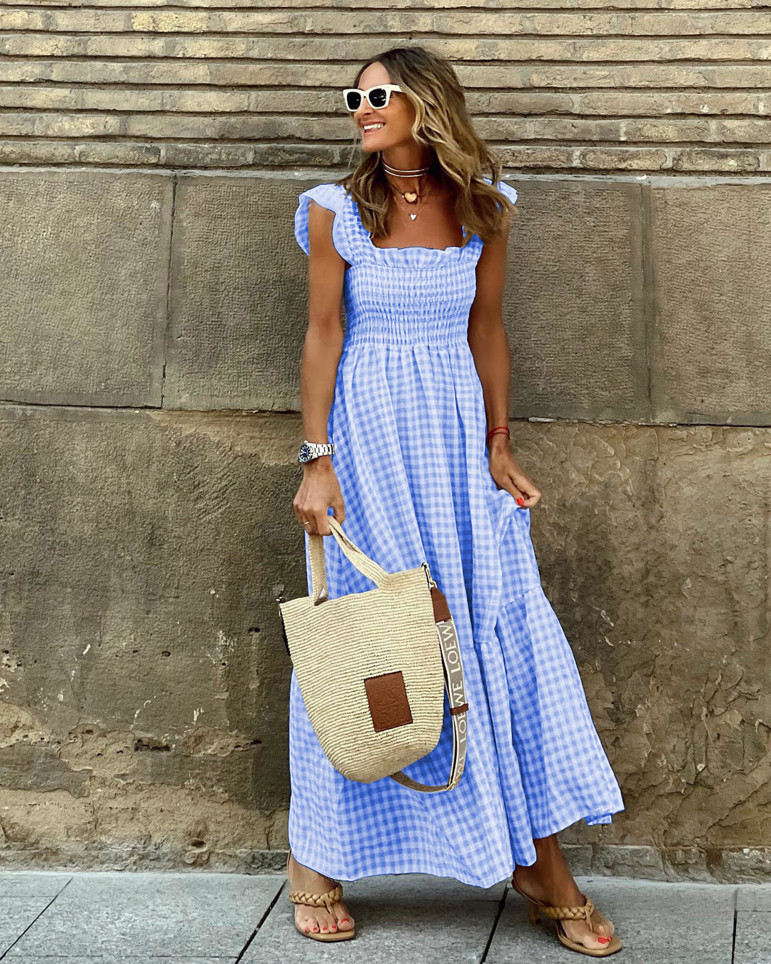 Damen Langes Gingham-Maxi-Kleid mit Rüschen Drune