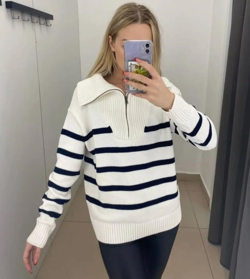 Damen gestreifter Pullover mit hohem Kragen und Reißverschluss Drune