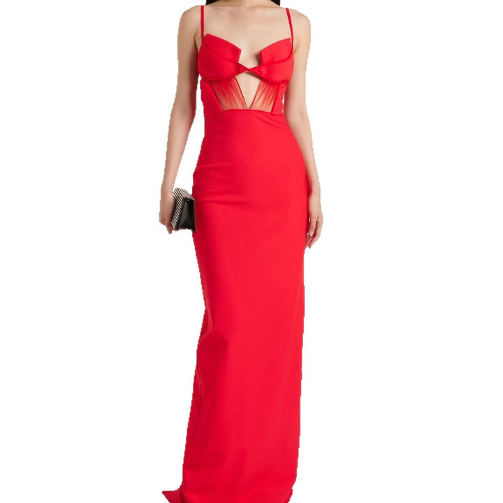Damen Glamouröses Abendkleid mit tiefem V-Ausschnitt und verführerischen Netzdetails Drune