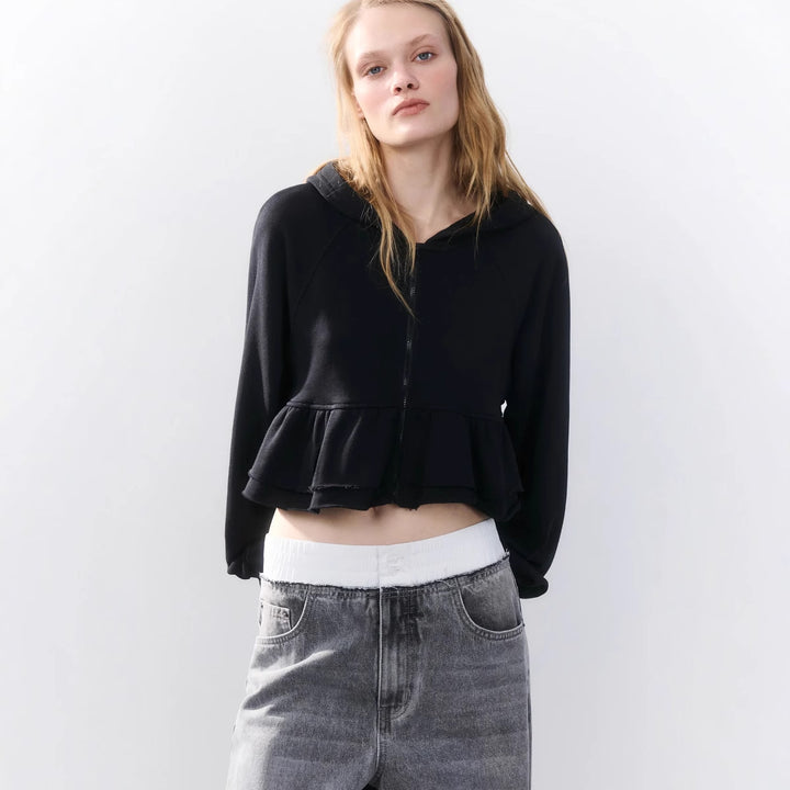Damen cropped Kapuzenjacke mit verspieltem Rüschendesign Drune