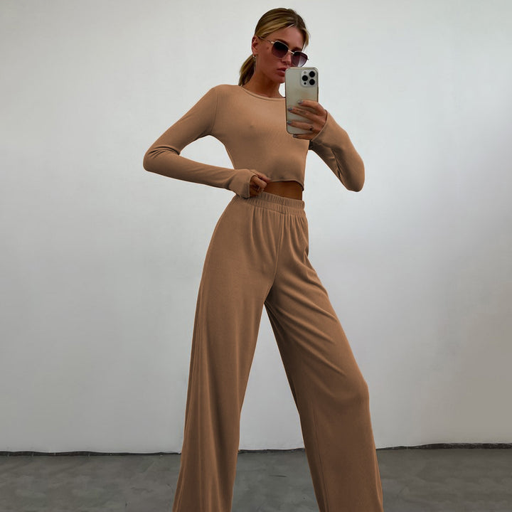 Damen nan eng anliegendes geripptes Cropped Longsleeve mit elastischer Highwaist-Loungehose Set Drune
