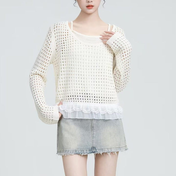 Damen luftiger Pullover mit Rüschen-Detail Drune