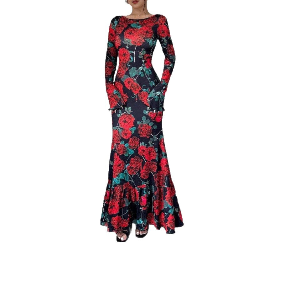 Damen Elegantes Maxikleid mit floralen Rüschendetails und langem Arm Drune