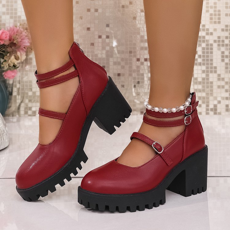 Damen Blockabsatz-Schnürschuhe mit modischem Riemendesign und rutschfester Sohle Drune