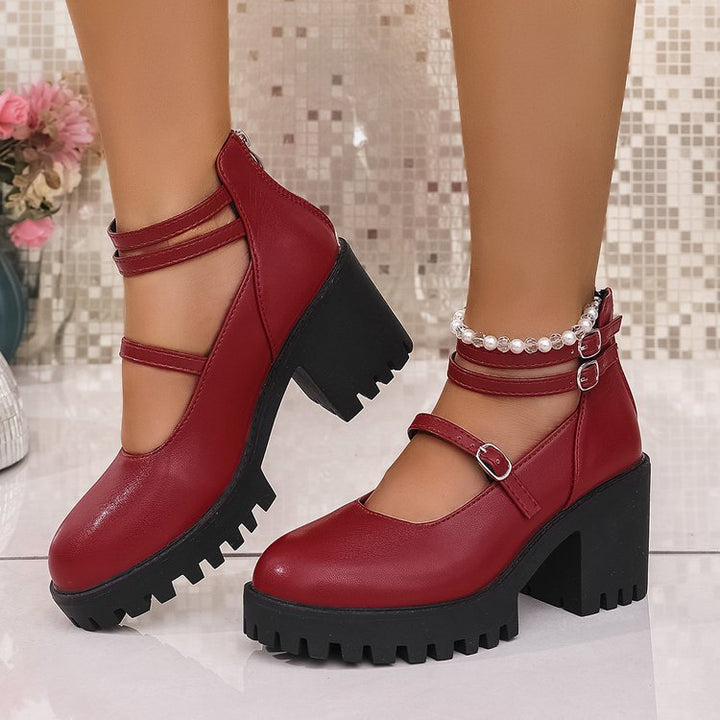 Damen Blockabsatz-Schnürschuhe mit modischem Riemendesign und rutschfester Sohle Drune