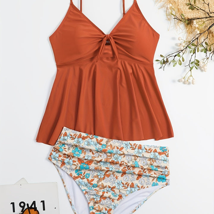 Damen Tankini-Set mit modischem Floral-Design und verstellbaren Trägern Drune
