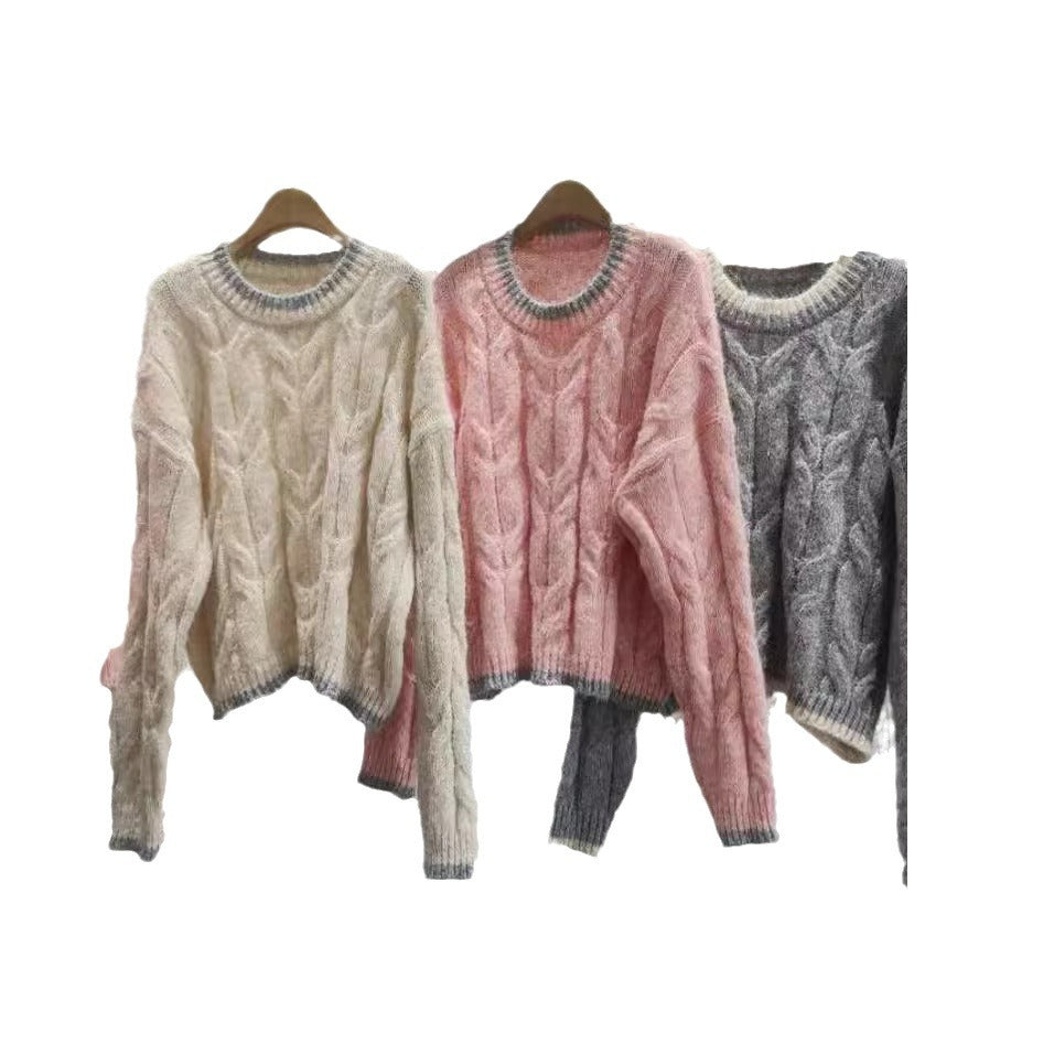 Damen Grob gestrickter Pullover mit Zopfmuster und Rundhalsausschnitt Drune