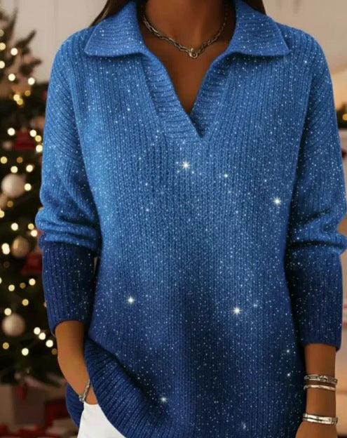 Damen schimmernder Strickpullover mit modernem Kragen Drune
