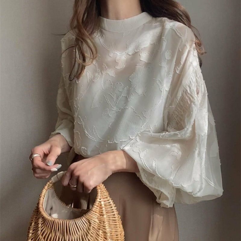 Damen elegante Bluse mit floralem Stickmuster und voluminösen Ärmeln Drune