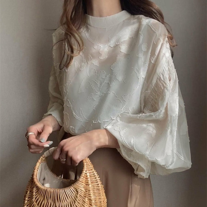Damen elegante Bluse mit floralem Stickmuster und voluminösen Ärmeln Drune