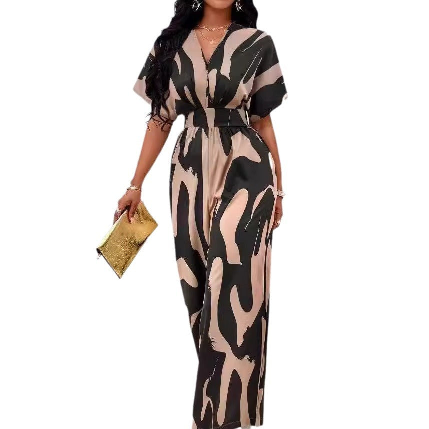 Damen Eleganter Jumpsuit mit großflächigem Muster und V-Ausschnitt Drune