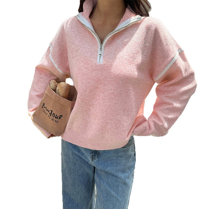 Damen nan oversized Strickpullover mit halbem Reißverschluss, Kontrastpaspeln und überschnittener Schulter Drune