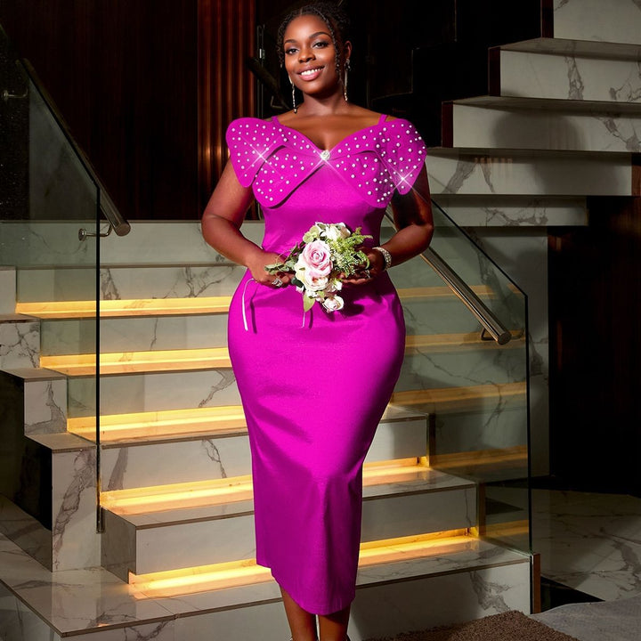 Damen Elegantes Abendkleid mit voluminösen Schleifenärmeln und funkelnden Strassakzenten Drune