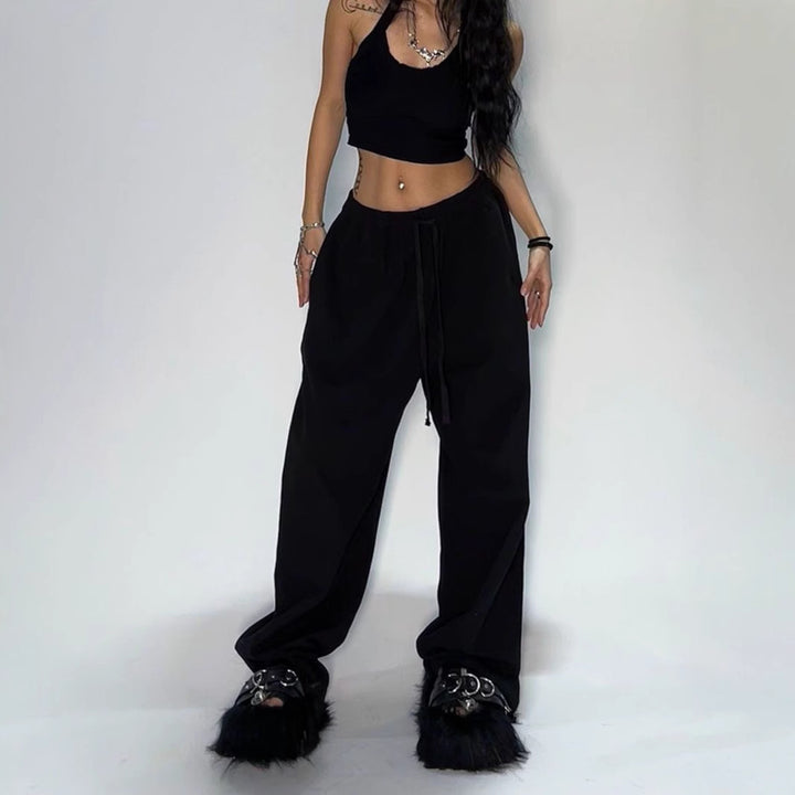 Damen nan weit geschnittene Loungehose mit hohem Bund extra weitem Bein und Tunnelzug Drune