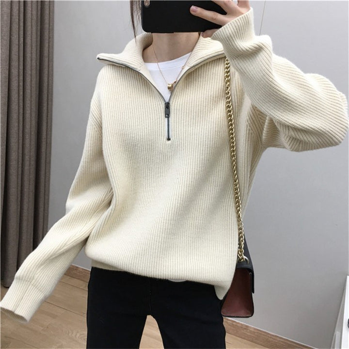 Damen Strickpullover mit hohem Kragen und halbem Reißverschluss Drune