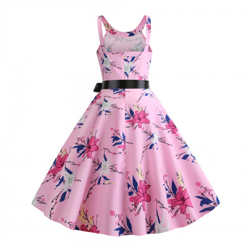 Damen A-Linien Kleid mit floralem Design und elegantem Taillengürtel Drune