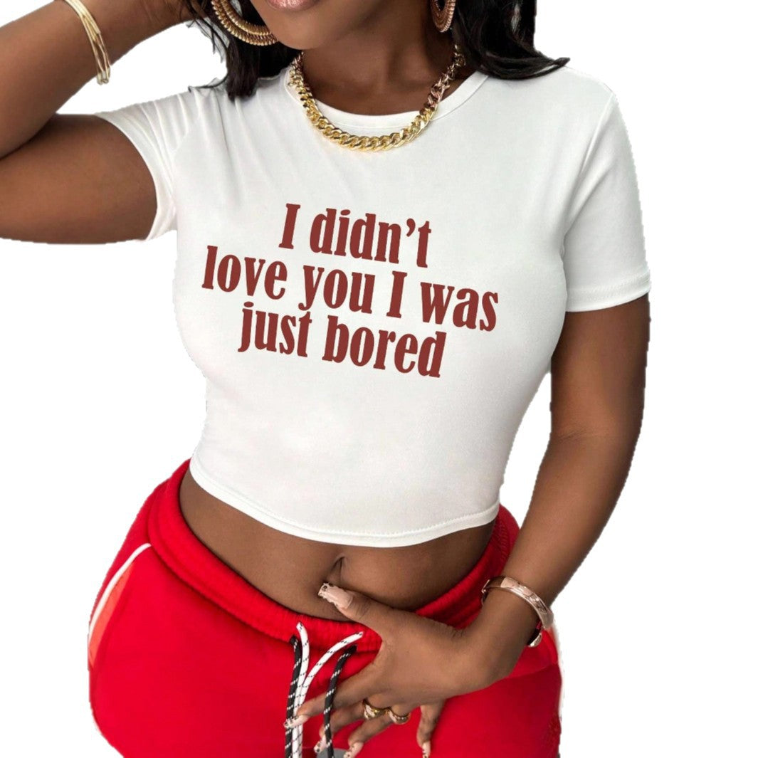 Damen Crop-Shirt mit kreativem Statement und figurbetontem Schnitt Drune