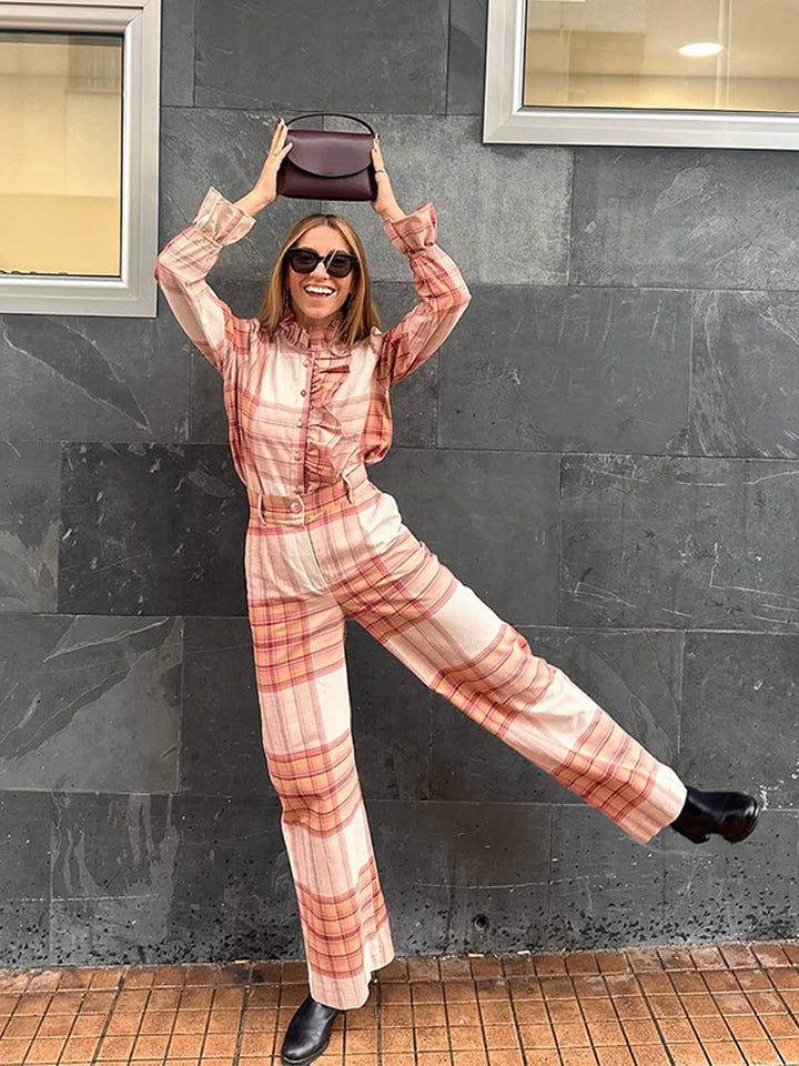 Damen Karomuster Jumpsuit mit Gürtel und Rüschen Drune