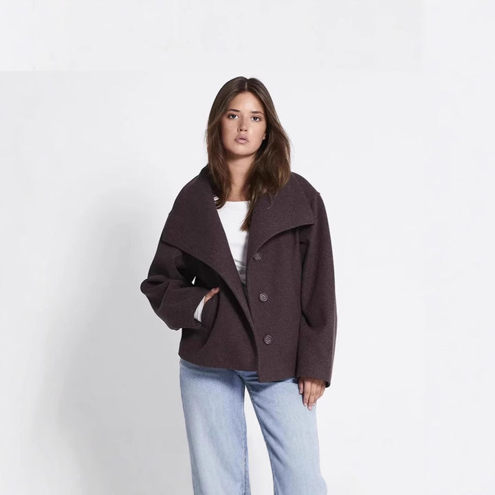 Damen Oversized Wolljacke mit hohem Kragen und doppelter Knopfleiste Drune
