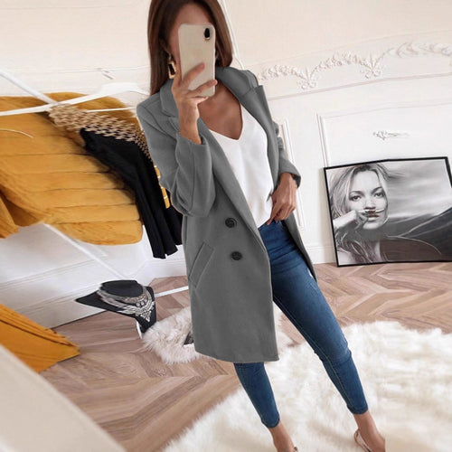 Damen eleganter und warmer Longblazer mit doppelter Knopfleiste Drune