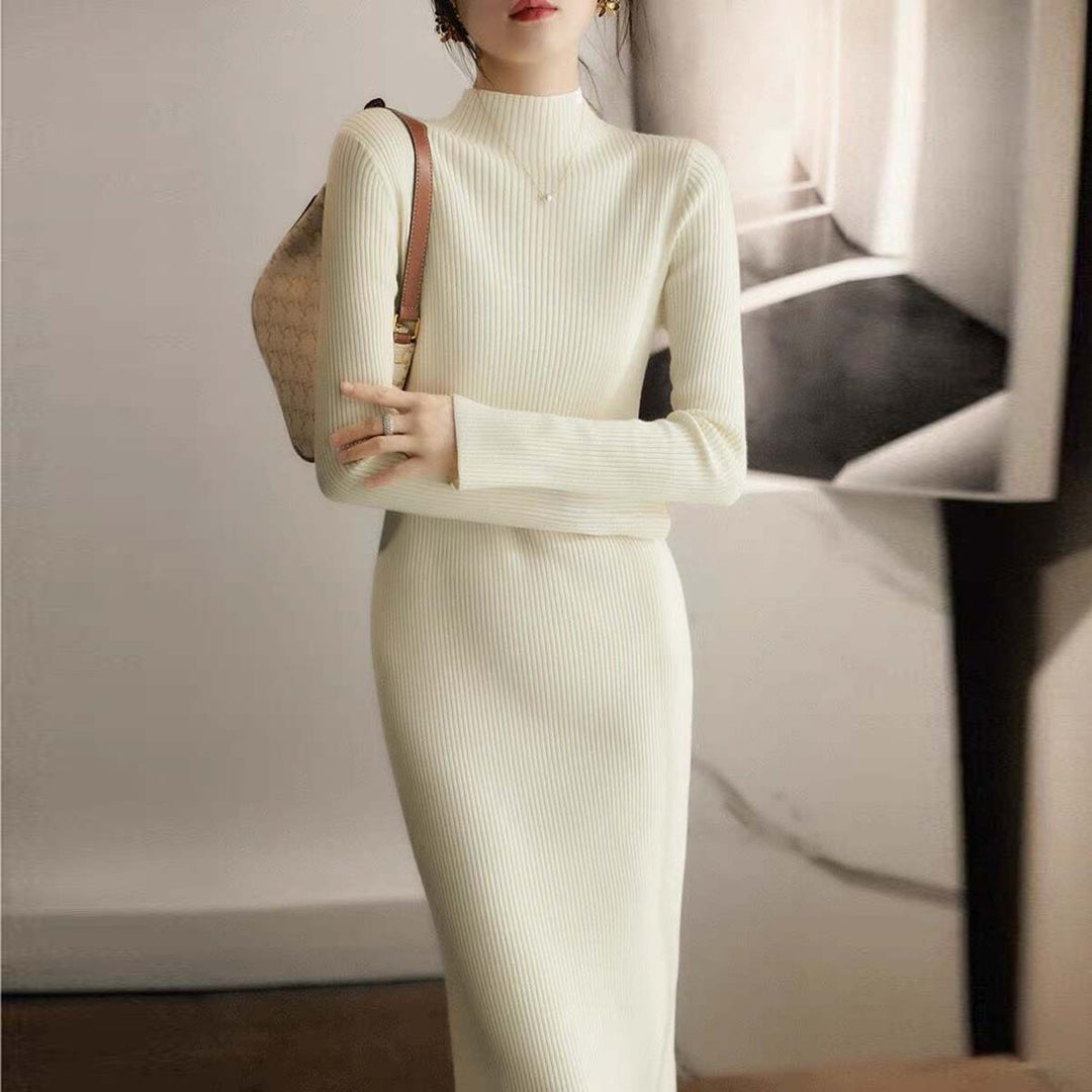 Damen Strickkleid mit hohem Kragen und Rippstruktur Drune