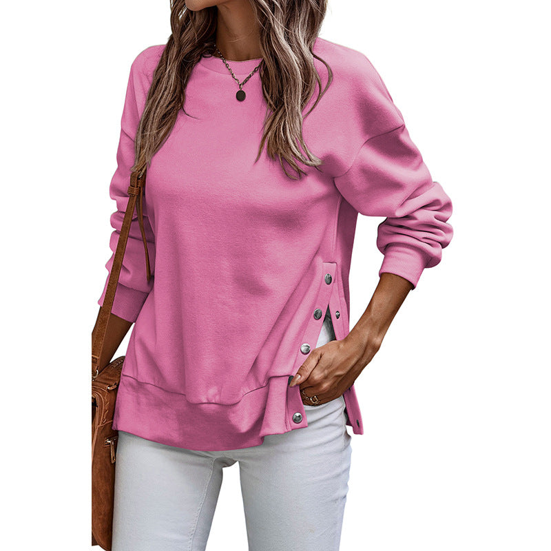 Drune | Pullover Sweatshirt - Lockere Passform - Tunika-Länge - Seitliche Knopfschlitze - Gestrickte Langarm