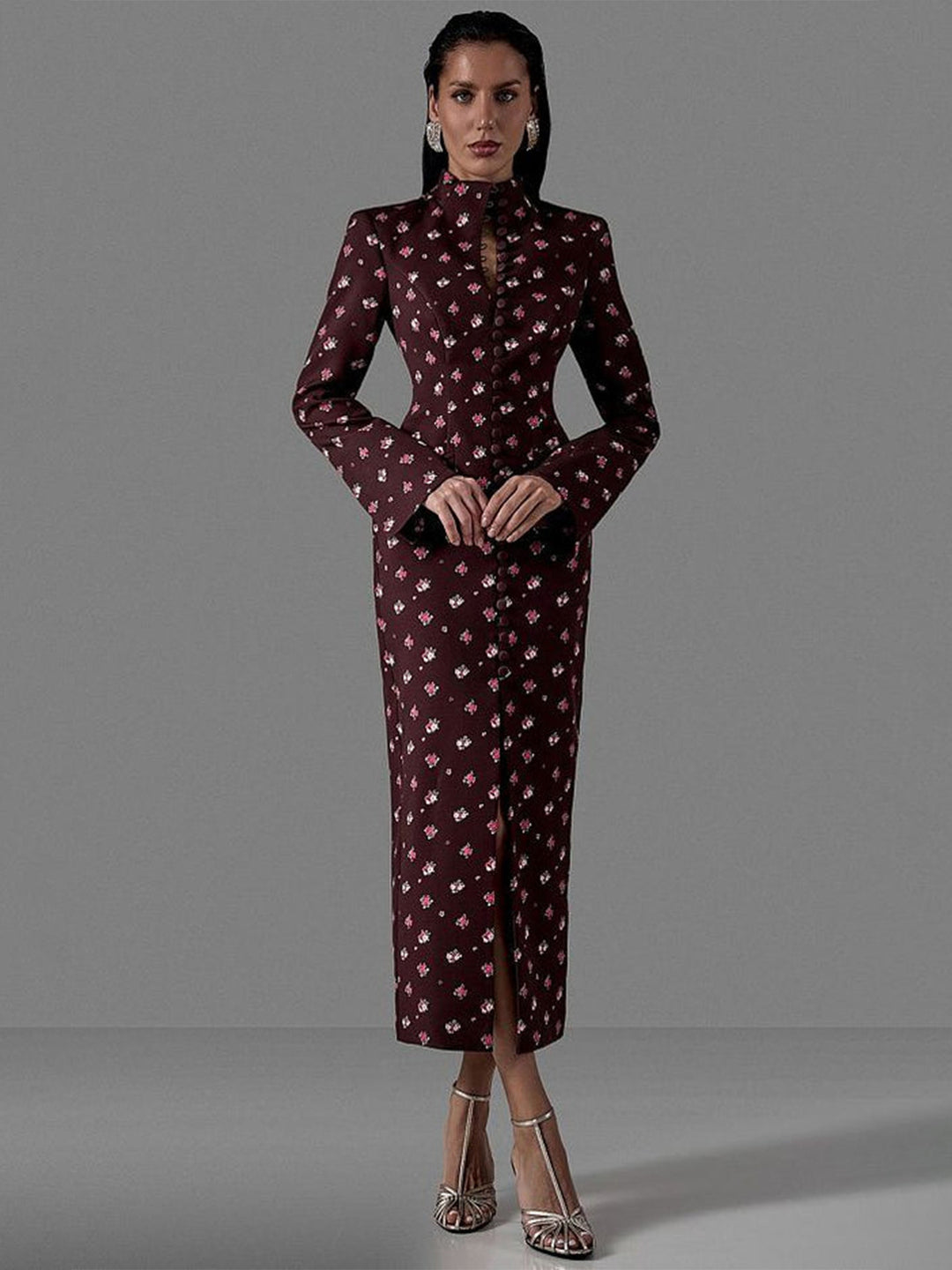 Damen Elegantes Langarmkleid mit floralem Muster und hochgeschlossenem Kragen Drune