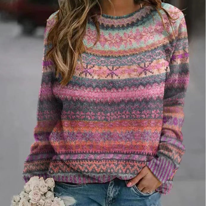 Damen Strickpullover mit buntem Norweger-Muster und Rundhalsausschnitt Drune