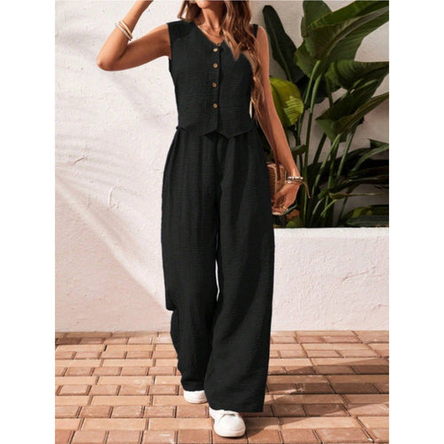 Damen Zweiteiler Strukturierte Bluse & Weite Palazzo-Hose