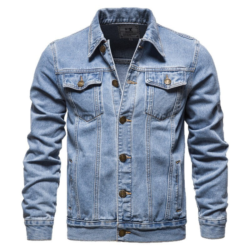 Herren nan taillierte Trucker-Denimjacke mit Pattentaschen, Metallknopfleiste und kontrastierenden Nähten Drune