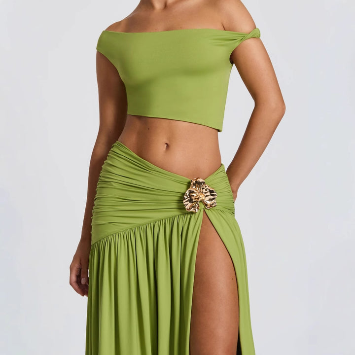 Damen Off-Shoulder Maxirock mit figurbetontem Crop-Top und verspieltem Detail Drune
