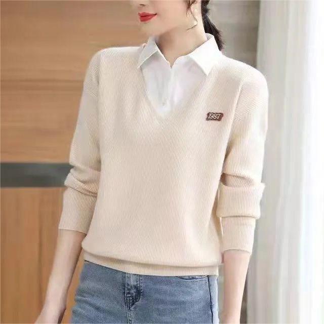 Damen eleganter V-Ausschnitt Pullover mit Hemdkragen Drune