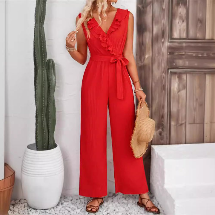 Damen eleganter Jumpsuit mit Rüschendetails und Taillengürtel Drune