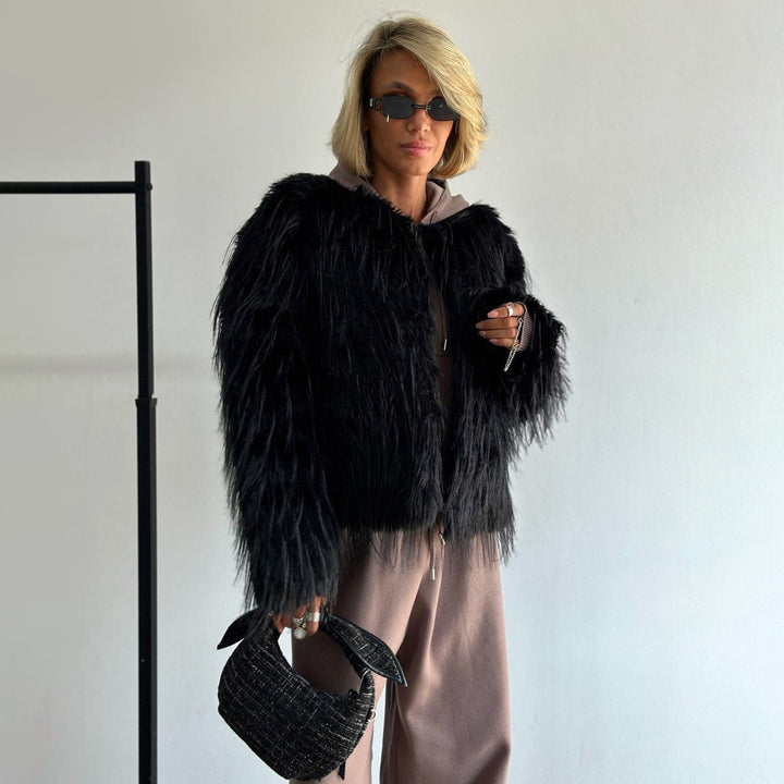 Damen Modischer Pelzimitat-Jacke mit breiten Ärmeln und lässigem Schnitt Drune