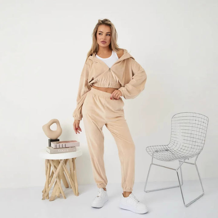 Damen Velours Freizeit-Set mit weichem Hoodie und bequemen Jogginghosen Drune