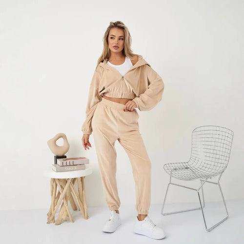 Damen Velours Freizeit-Set mit weichem Hoodie und bequemen Jogginghosen Drune