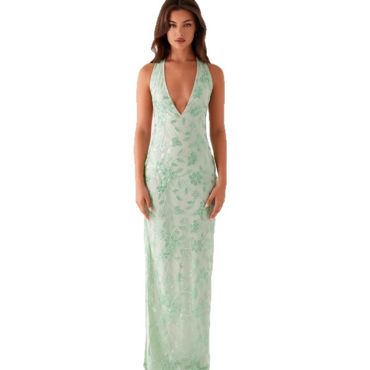 Damen Elegantes Langarmkleid mit floralem Spitzenüberzug und tiefem V-Ausschnitt Drune