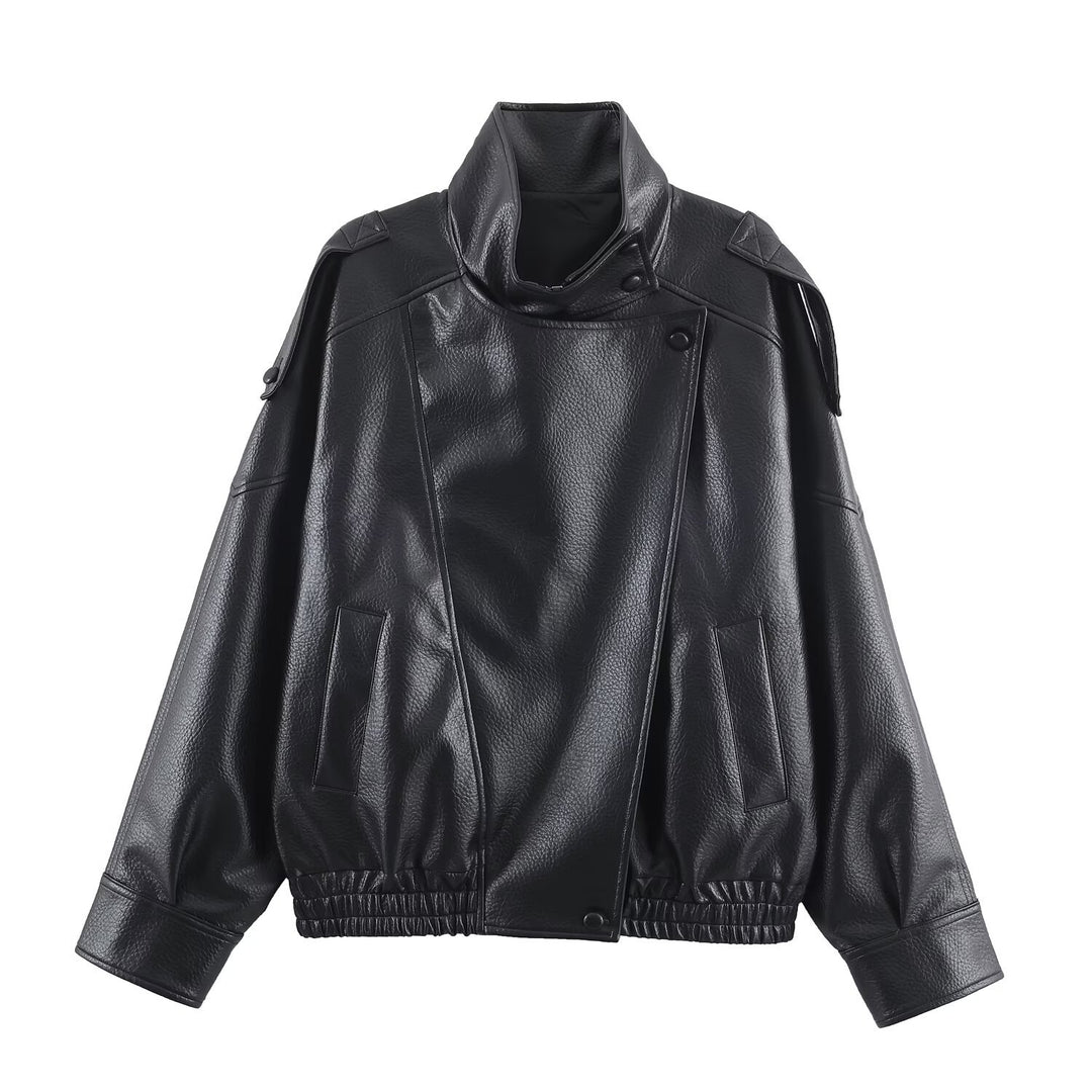 Damen Kunstlederjacke im modernen Design mit hochgeschlossenem Kragen und praktischen Taschen Drune