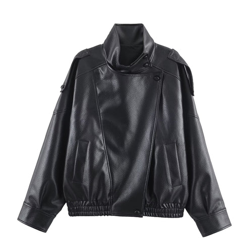 Damen Kunstlederjacke im modernen Design mit hochgeschlossenem Kragen und praktischen Taschen Drune