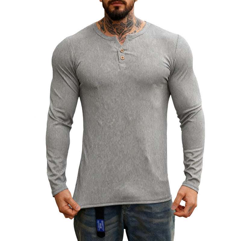 Herren nan geripptes Langarm-Henleyshirt mit flacher Knopfleiste und körperbetonter Stretch-Passform Drune