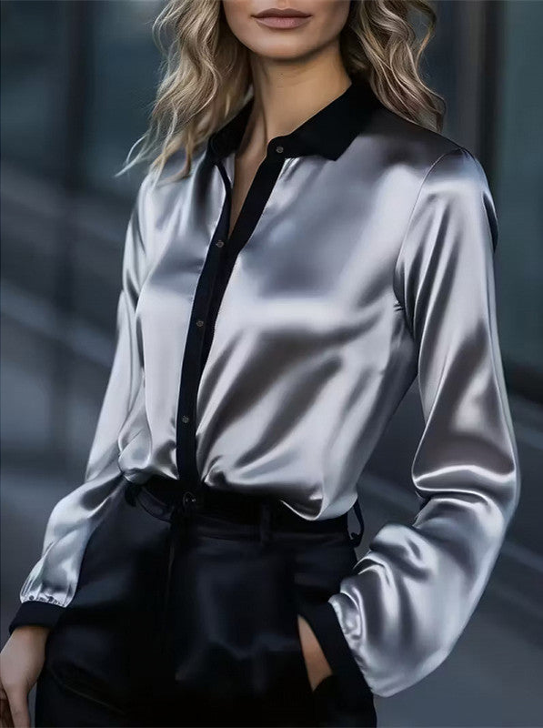 Damen Satinbluse mit kontrastierendem Kragen Drune