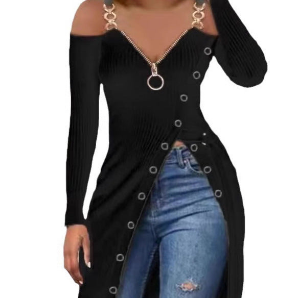 Damen Figurbetontes V-Ausschnitt Kleid mit Zipper und Schmuckdetails Drune