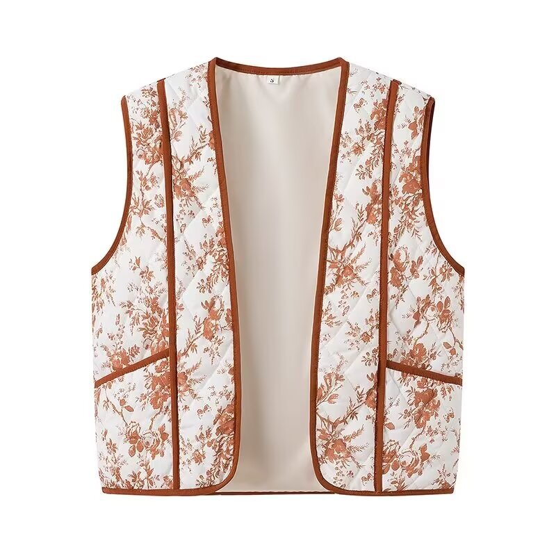 Damen gesteppte Weste mit floralem Muster und praktischen Taschen Drune