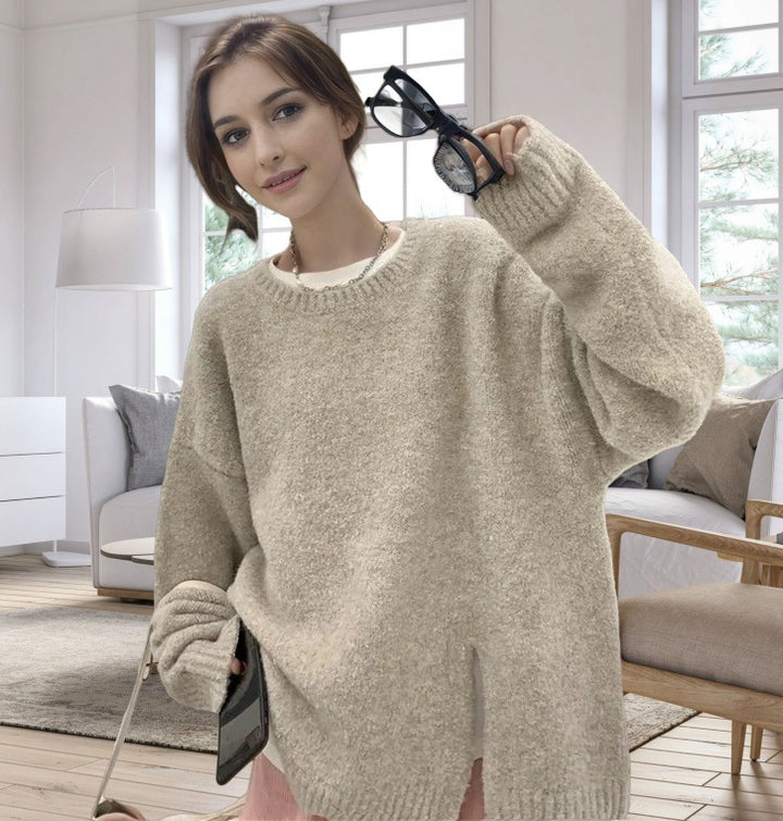 Damen Oversized Strickpullover mit elegantem V-Ausschnitt und seitlichen Schlitzen Drune