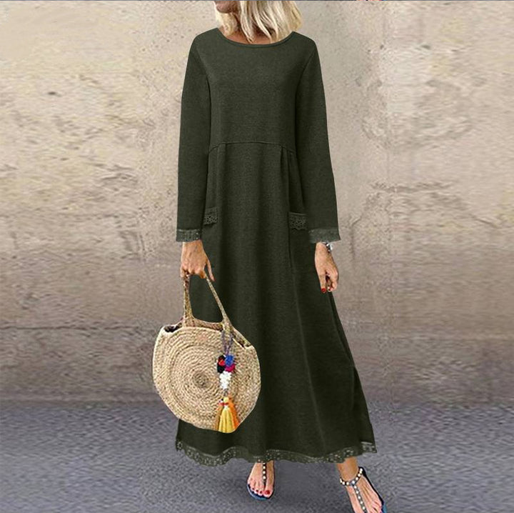 Damen nan Maxikleid mit lockerem A‑Linien Schnitt, Rundhalsausschnitt, aufgesetzten Eingrifftaschen und zierlichem Spitzenbesatz Drune
