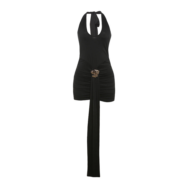 Damen Elegantes Mini-Kleid mit tiefem V-Ausschnitt und seitlichem Schal Drune